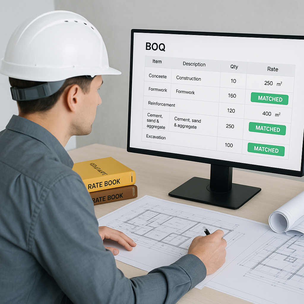 A construction estimator at a desk reviewing a digital BOQ on a large monitor, showing AI-driven rate matching in action...