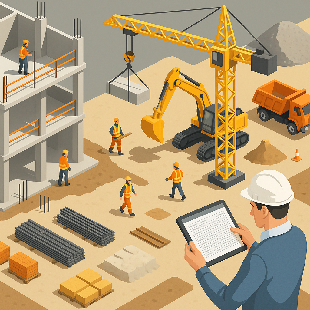 A detailed isometric illustration of a construction site showing workers, machinery, material stockpiles, and a contract...