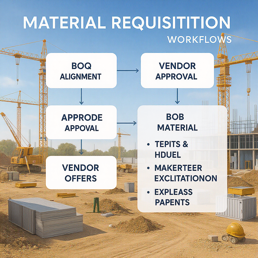 A detailed illustration of a construction site with material requisition workflows visualized — showing steps like BOQ a...