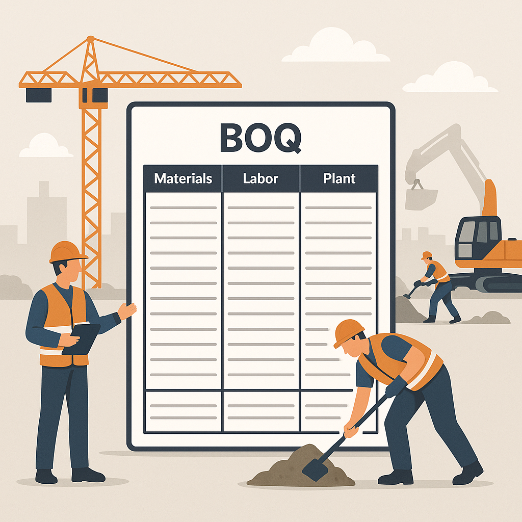 A detailed illustration of a BOQ sheet with columns for materials, labor, and plant costs, alongside construction worker...