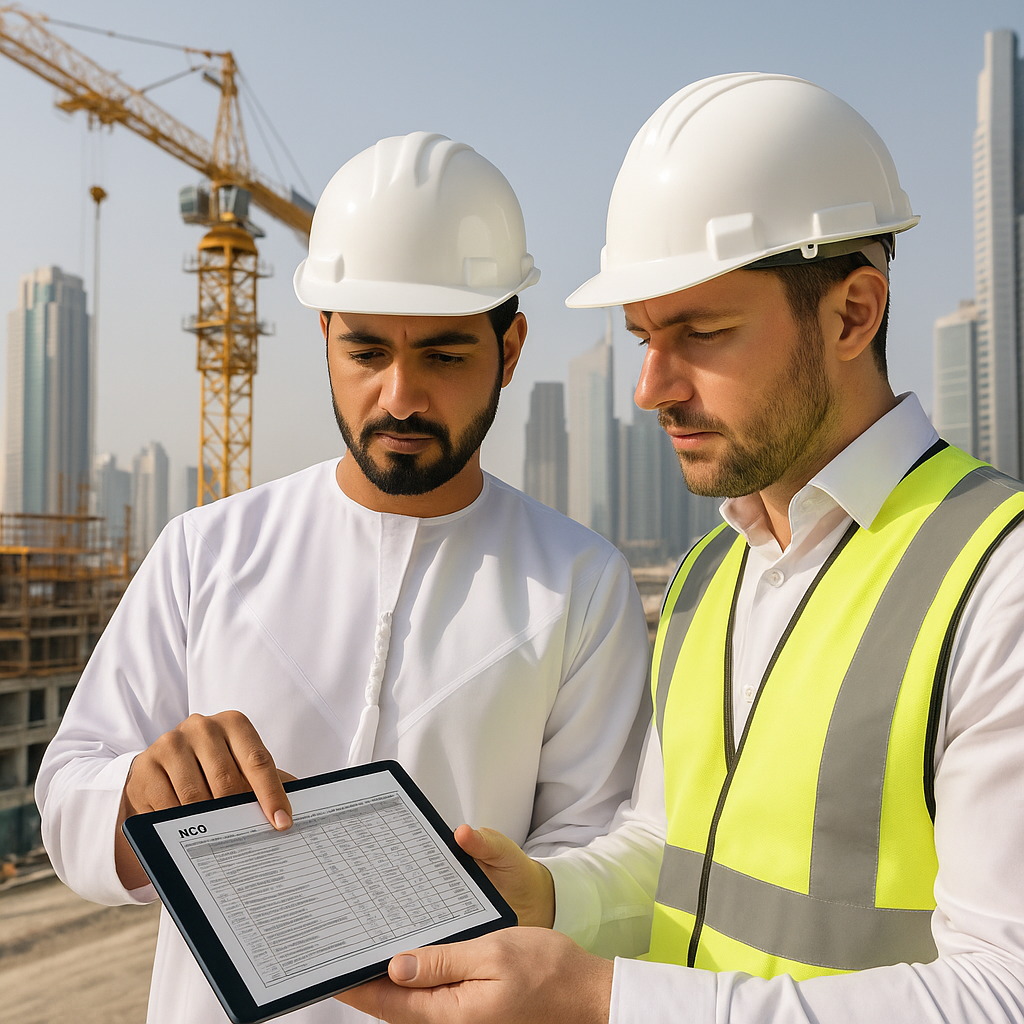 A construction project site in the Middle East with engineers reviewing a detailed BOQ document on a tablet against the...