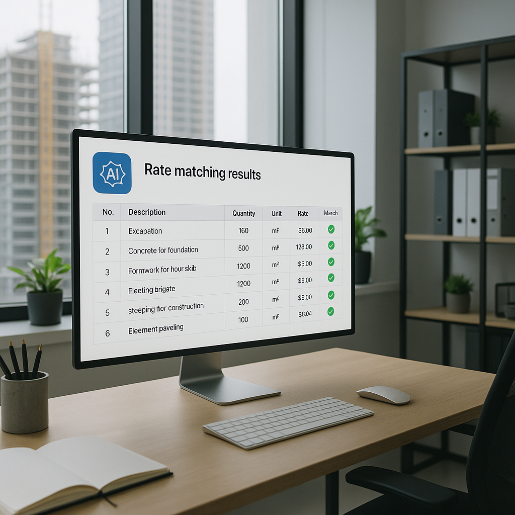 A modern construction office with AI-powered software on a large monitor, showing rate matching results for a high-rise...