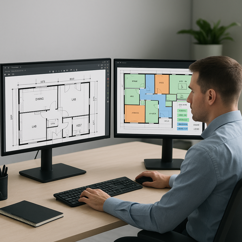A construction estimator at a desk with dual monitors, one showing a PDF drawing and the other displaying AI-powered tak...