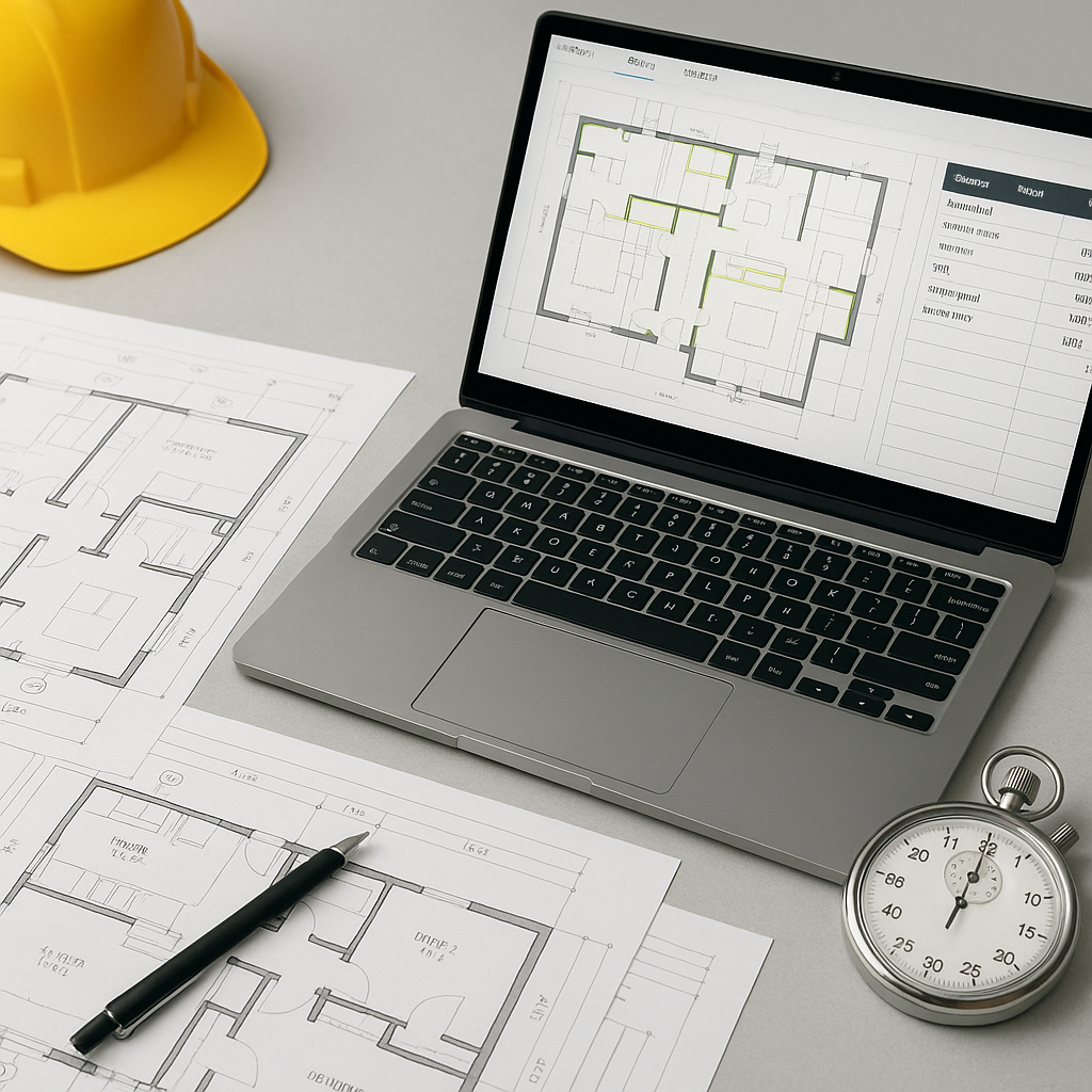 An estimator's desk with construction drawings, a laptop running AI-powered takeoff software, and a stopwatch showing 10...