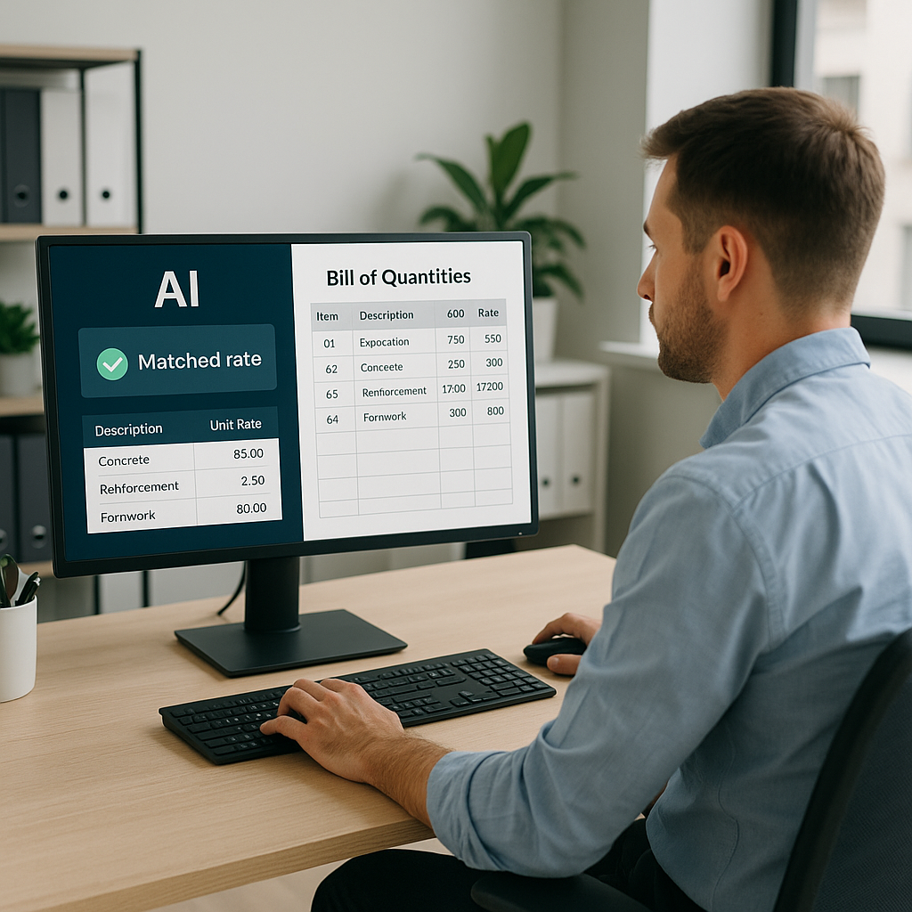 A construction estimator at a desk using AI-powered software, with a digital screen showing matched rates and a BOQ in p...