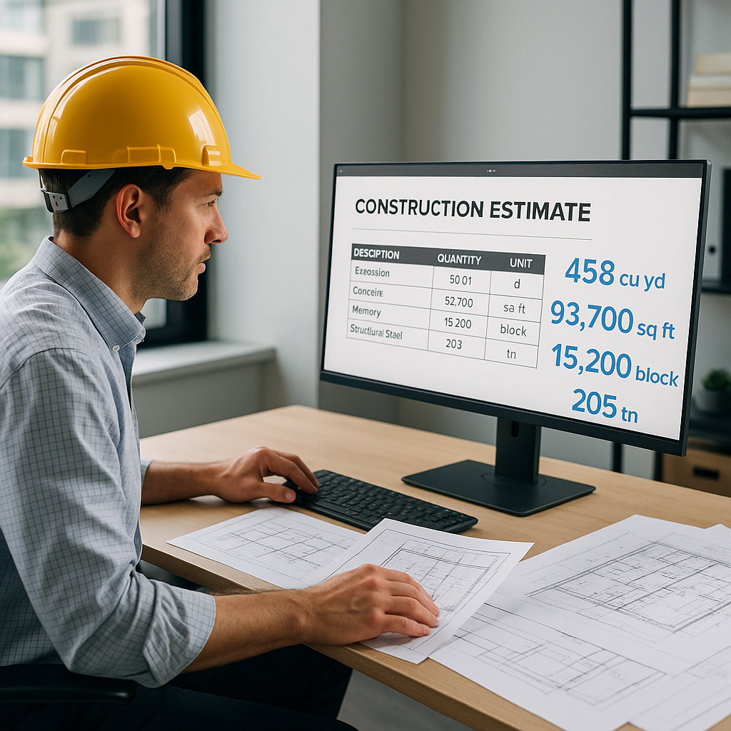 A construction estimator in an office reviewing a PDF on a screen, while AI-generated quantities appear in real-time. Mo...