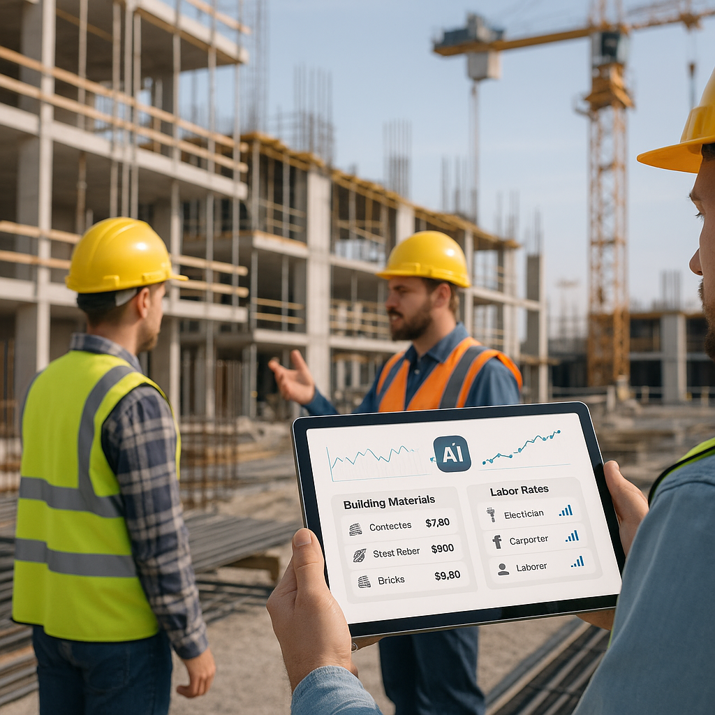 A modern construction site with workers and a digital tablet displaying AI-powered software matching building materials...