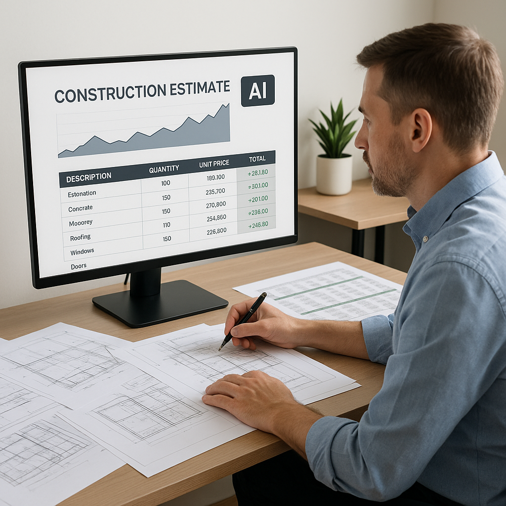 An estimator sitting at a desk cluttered with paper blueprints and Excel printouts, while a sleek computer screen beside...