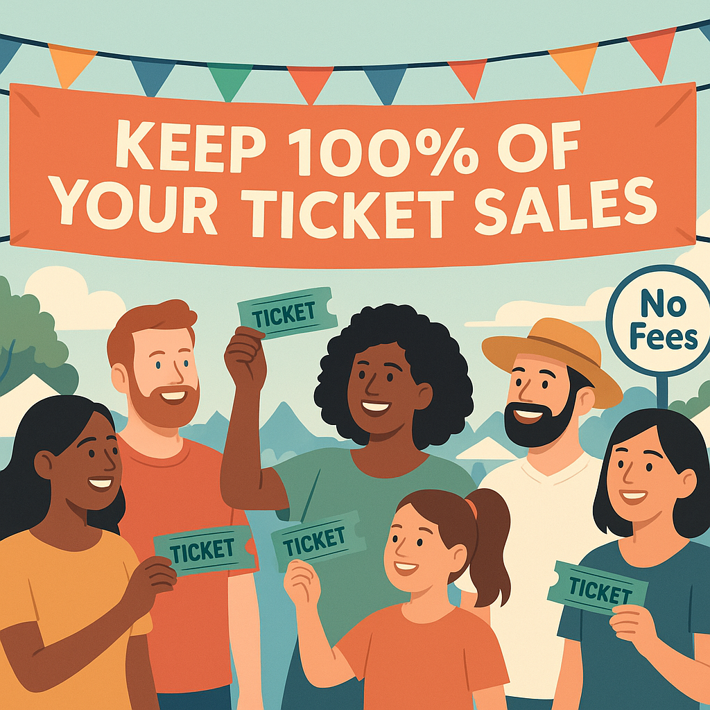 A community festival with diverse attendees holding event tickets, a banner saying 'Keep 100% of Your Ticket Sales', and...