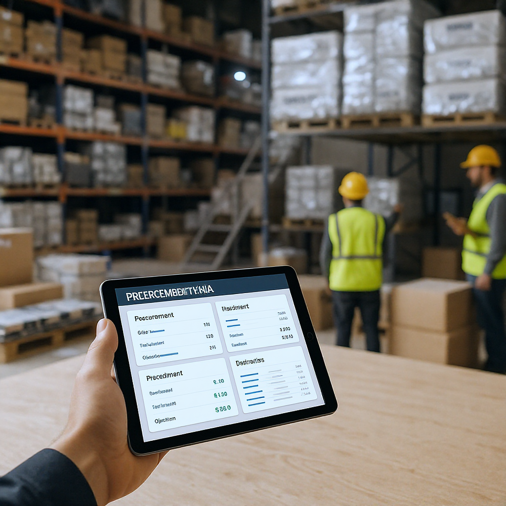 A busy construction site with organized material storage, a digital procurement dashboard on a tablet in the foreground,...