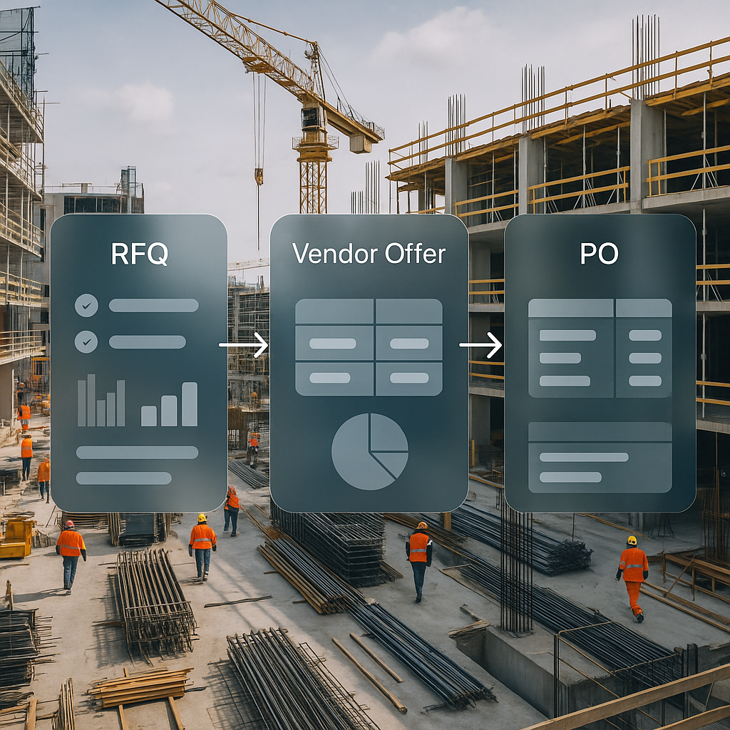 A busy construction site with overlayed digital procurement workflows (RFQs, vendor offers, POs) displayed on a futurist...