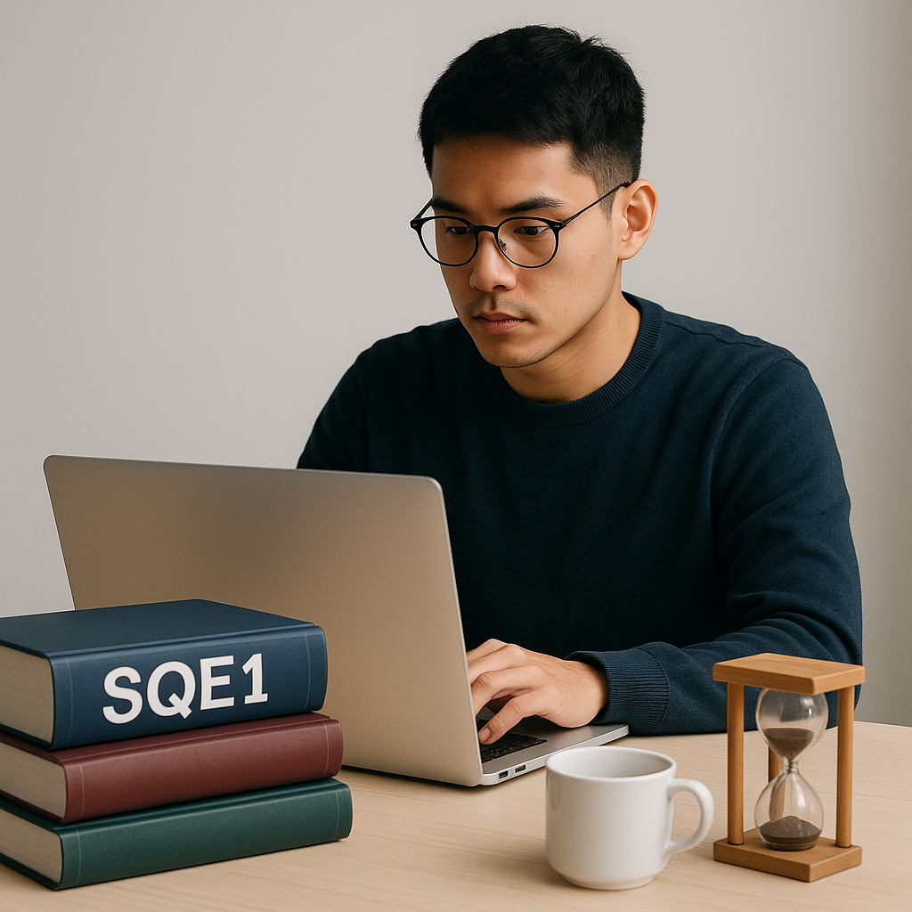 An AI-generated image showing a focused student practicing on a laptop with a legal-themed workspace (books labeled SQE1...