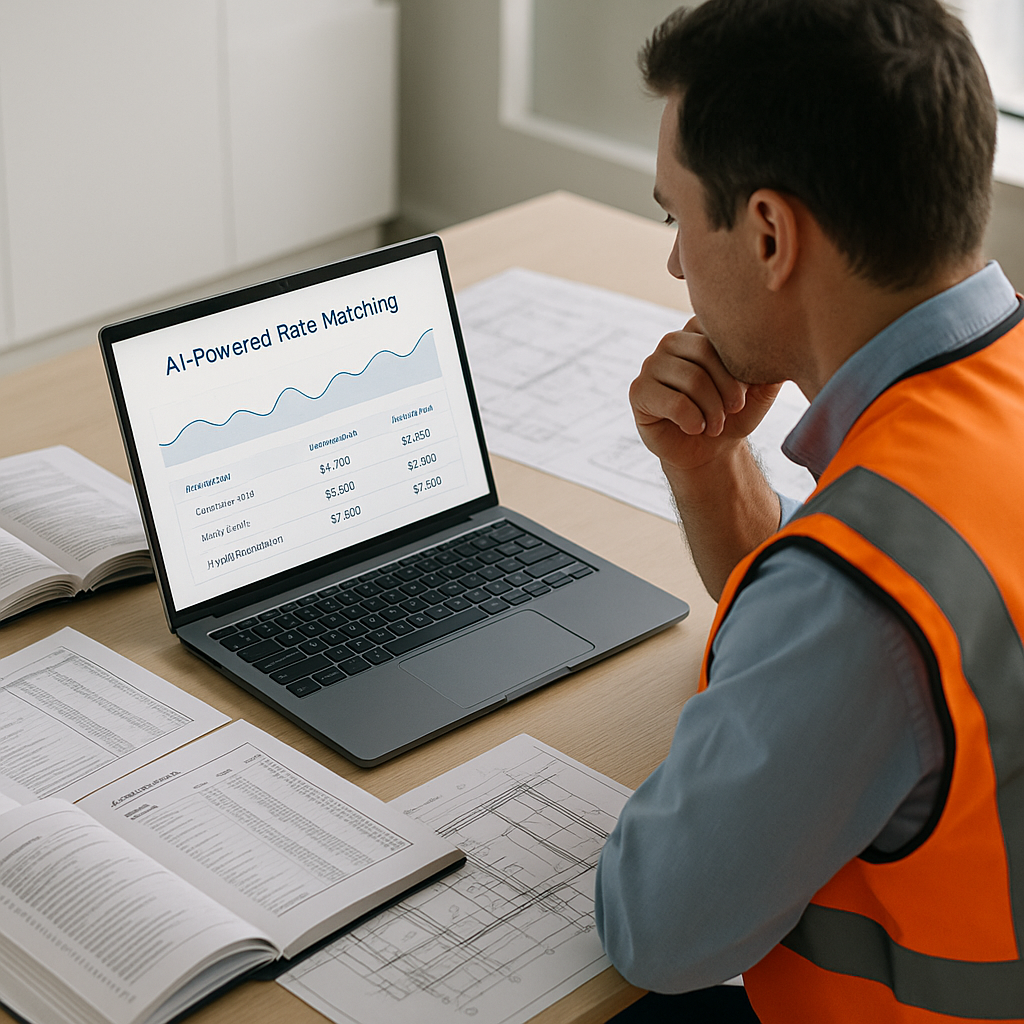 A busy construction estimator sitting at a desk with a laptop showing AI-powered rate matching results, surrounded by op...