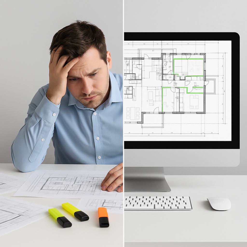 A side-by-side comparison: one half shows a frustrated estimator surrounded by paper drawings and highlighters, the othe...