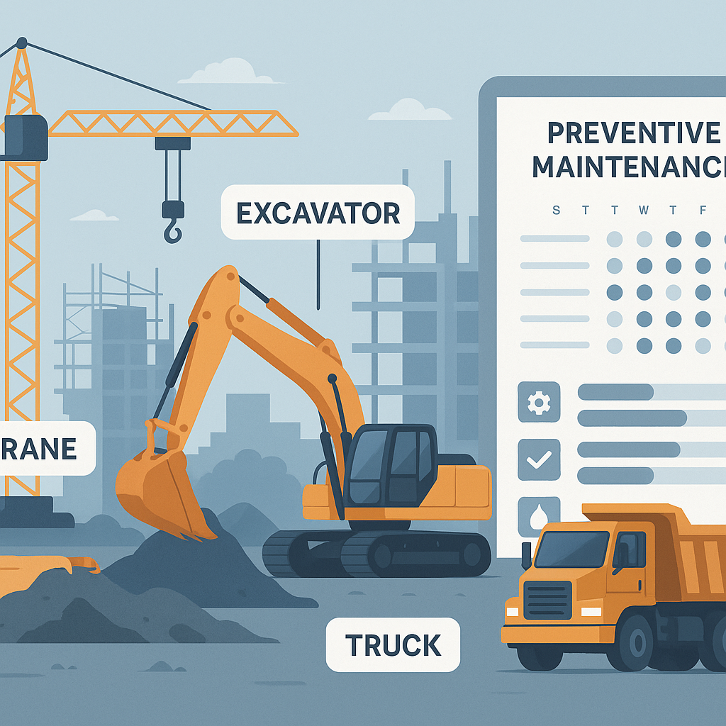 An illustration of a construction site with labeled equipment (crane, excavator, truck) and a digital dashboard showing...