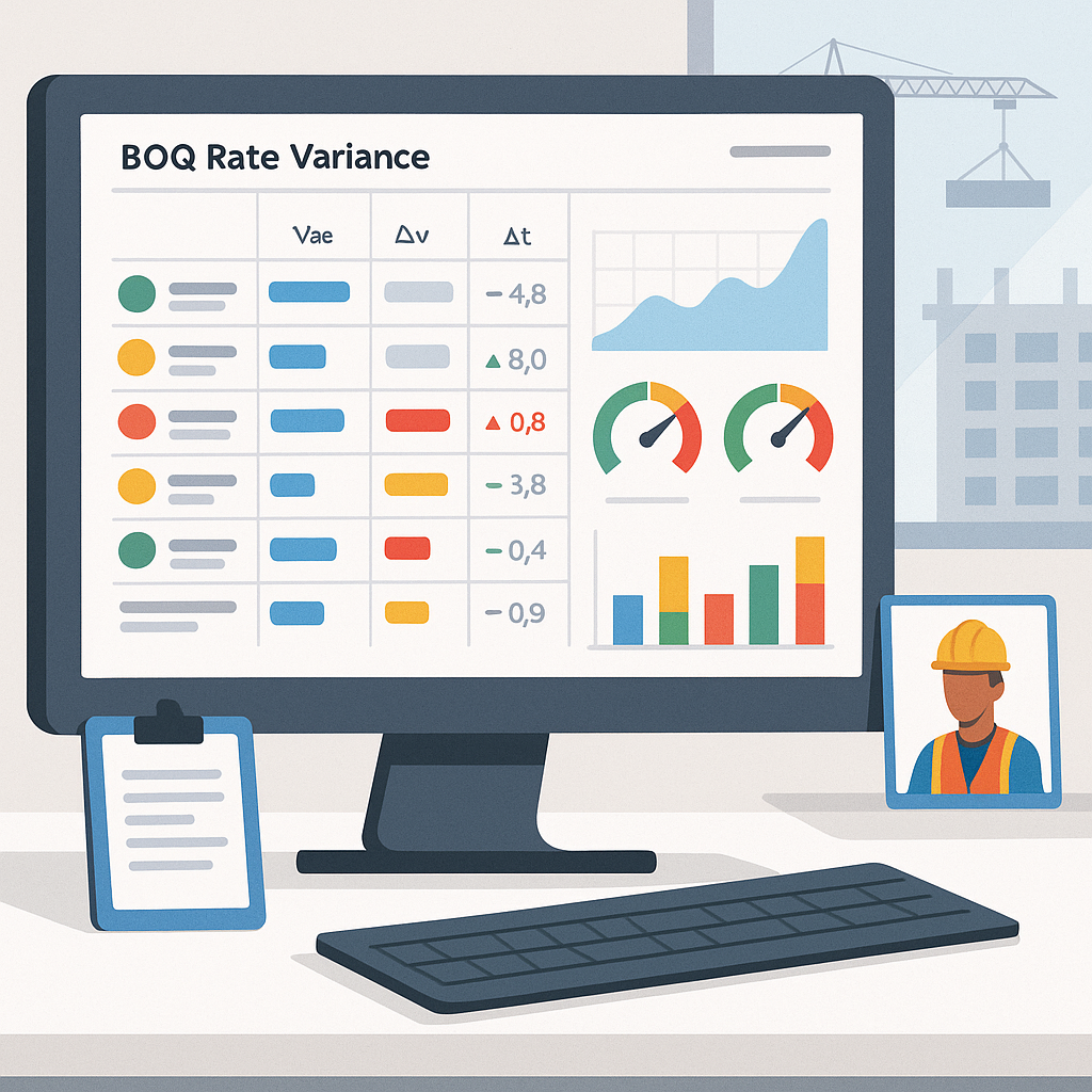 A realistic, detailed illustration of a construction project dashboard showing BOQ rate variance analysis in progress, w...