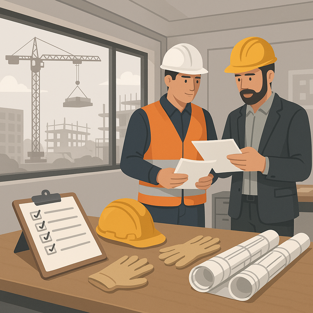 An illustration of a construction site office with a checklist on a desk, safety gear (helmet, gloves), and blueprints....