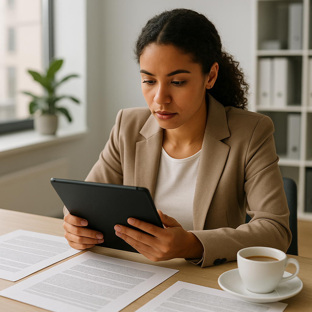 A focused image of a young paralegal studying on a tablet during a lunch break, surrounded by legal documents and coffee...