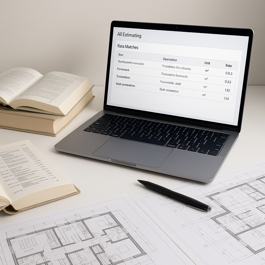 An estimator's desk with AI-powered software on a laptop screen, showing rate matches for a complex BOQ, surrounded by p...