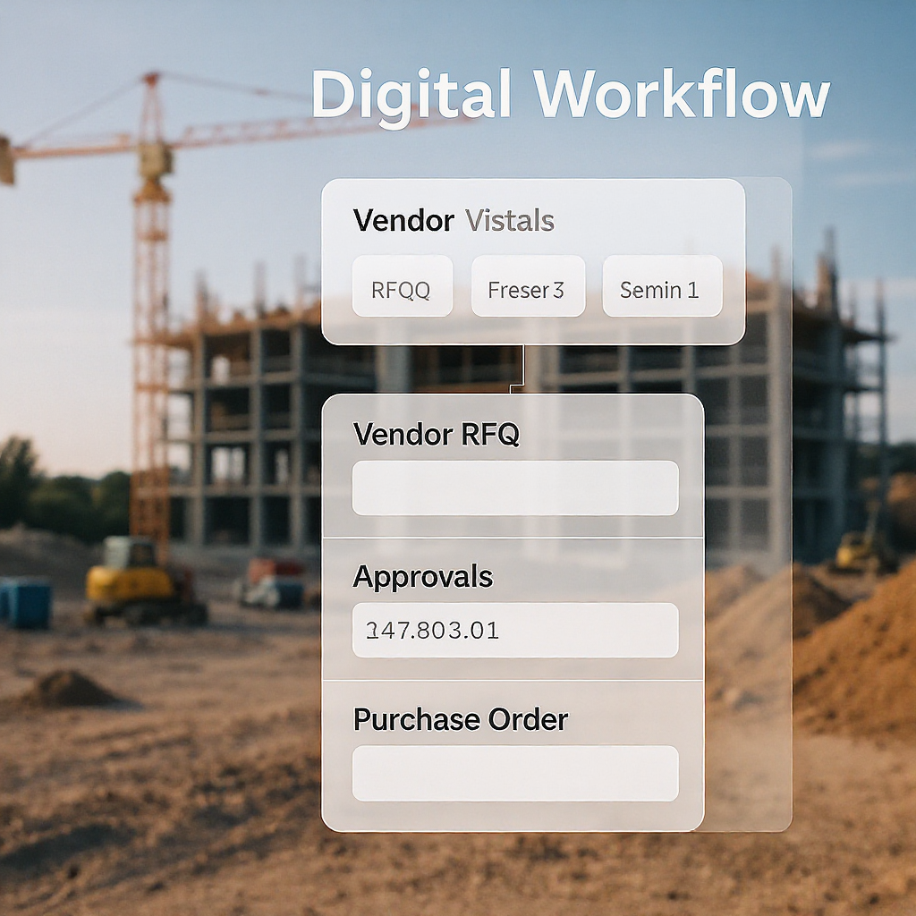 A construction project site with a digital workflow interface overlay showing vendor RFQs, approvals, and purchase order...