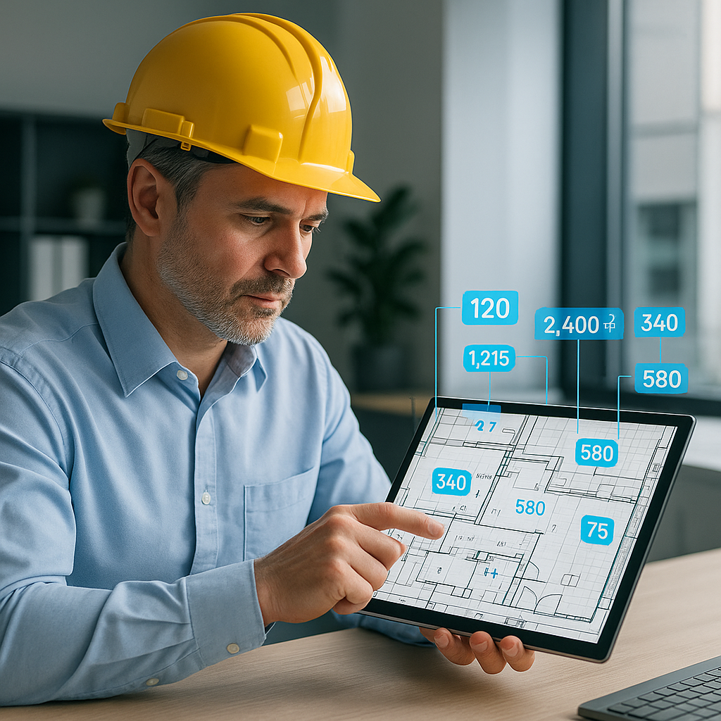 A construction estimator reviewing a digital blueprint on a tablet, with AI-generated quantity data overlaying the drawi...
