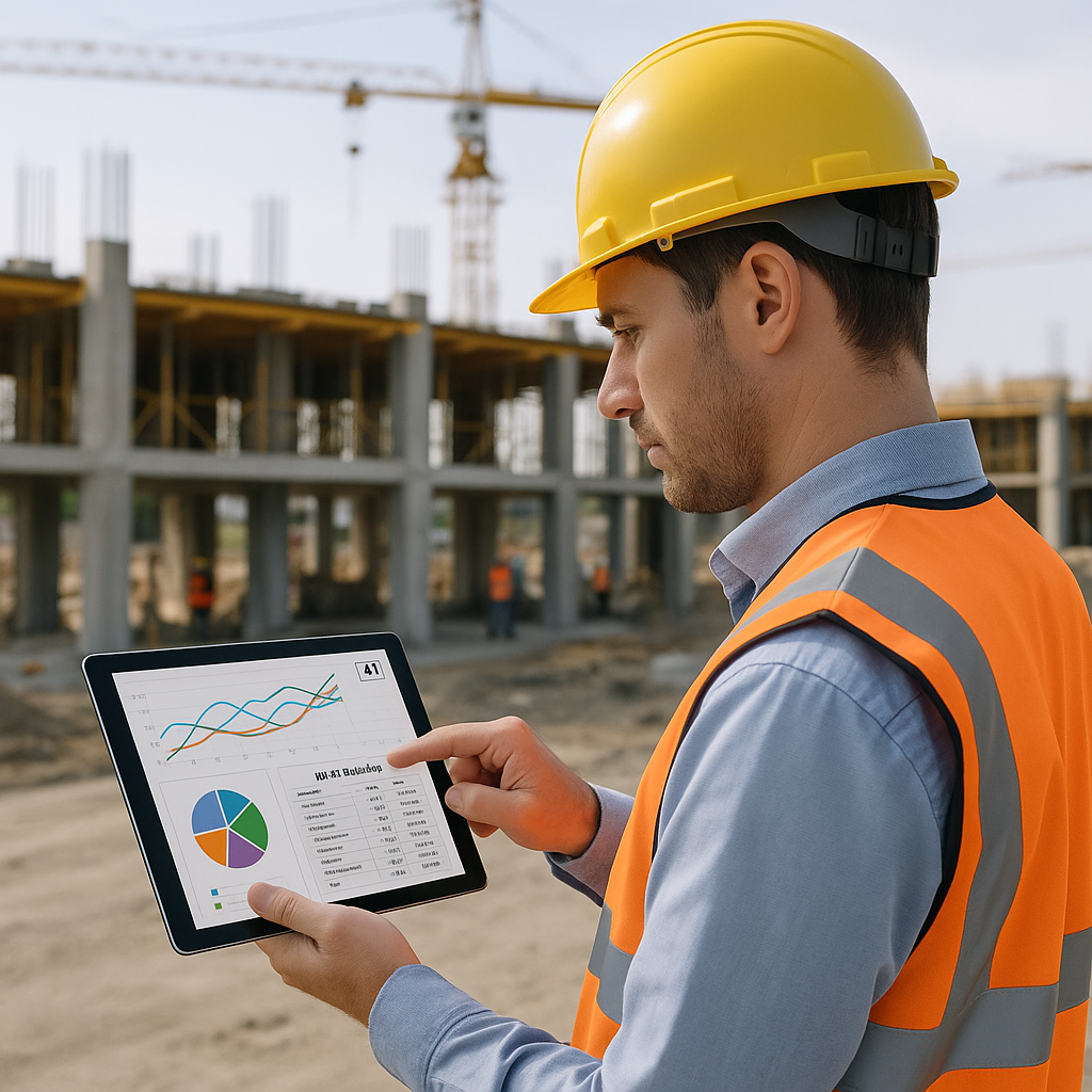 A construction estimator using an AI-powered tool on a tablet, with graphs and BOQ breakdowns visible on the screen. Bac...