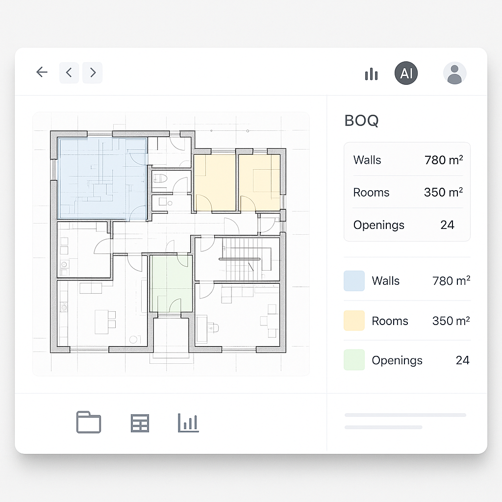 An AI-powered construction software interface showing a blueprint scan with highlighted areas and calculated BOQ data, e...