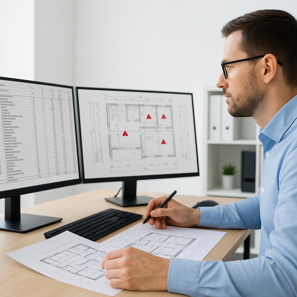 A construction estimator in an office cross-checking BOQs against blueprints on a dual-monitor setup, with red flags mar...
