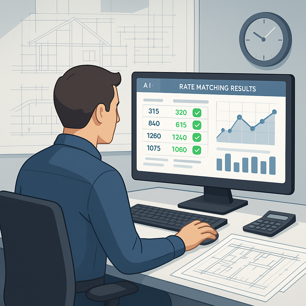A detailed illustration of an estimator sitting at a desk with AI-powered software on their screen showing rate matching...