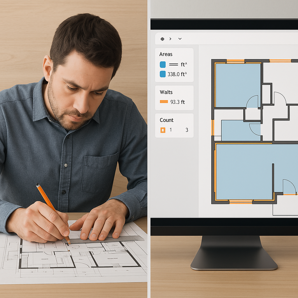 A split-screen image showing a construction estimator manually tracing a drawing on one side and an AI-powered software...