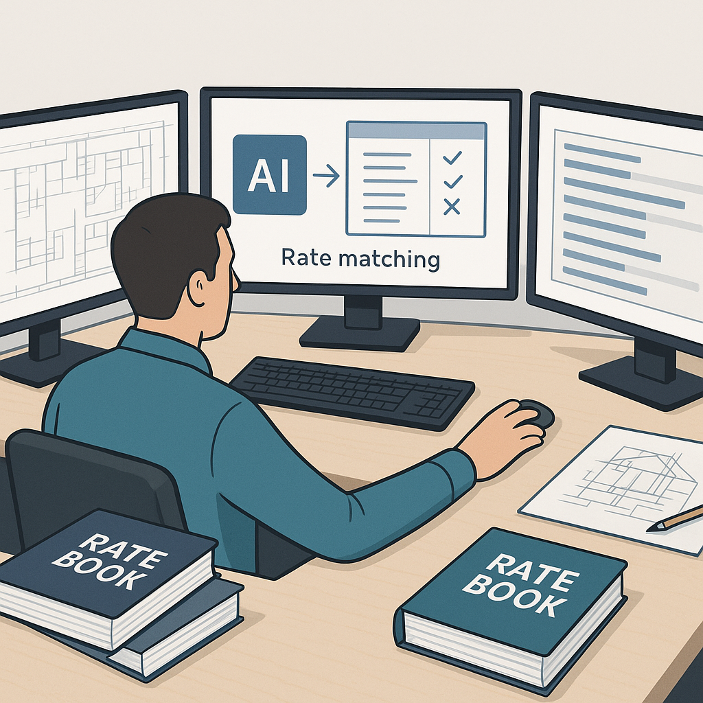 A construction estimator sitting at a desk with multiple screens, one showing AI-powered rate matching in action, surrou...