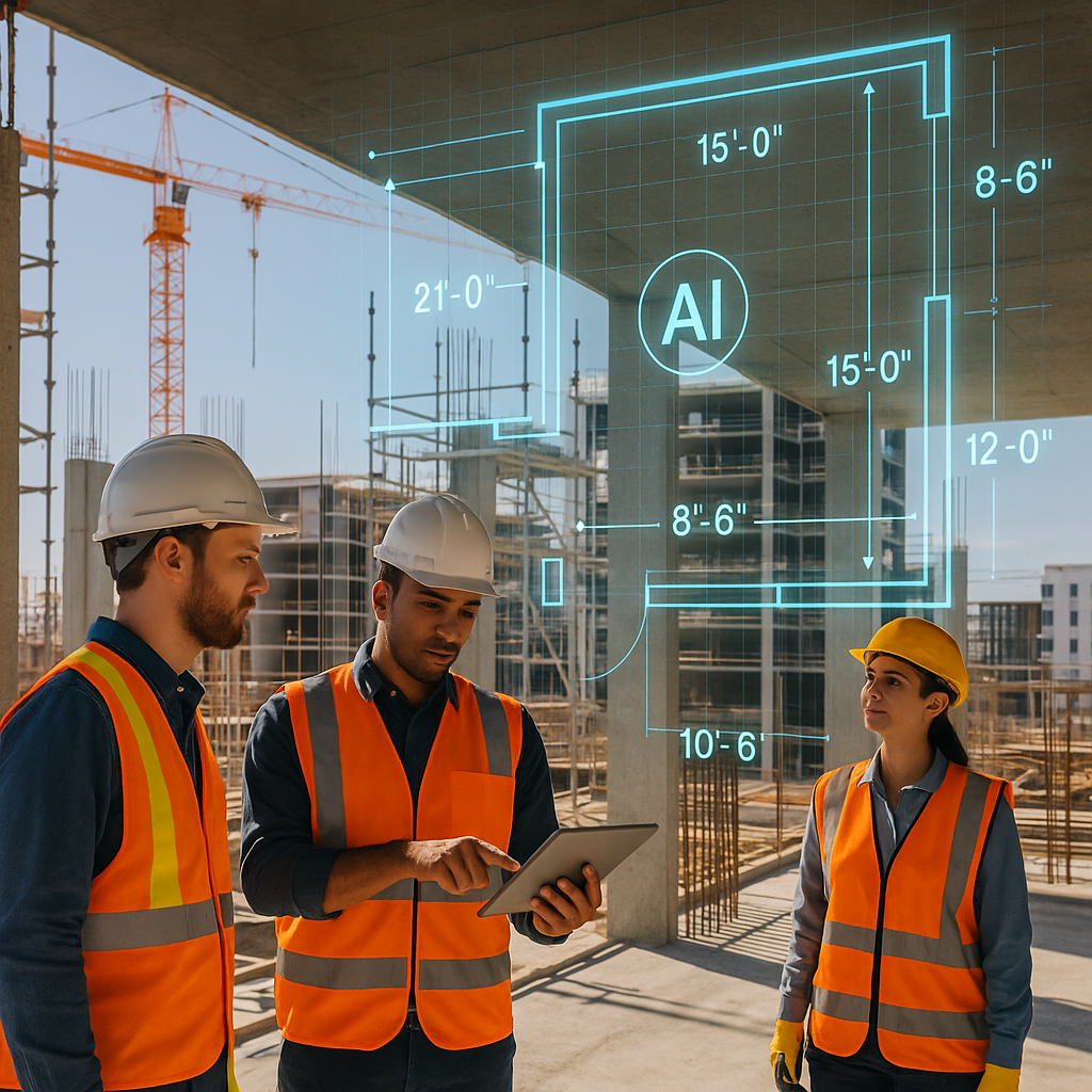 A modern construction site with workers and a digital overlay showing AI-driven takeoff data (e.g., room dimensions, wal...