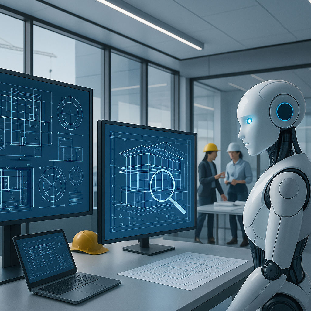 A futuristic construction office with digital blueprints on large screens, an AI assistant analyzing drawings, and a tea...
