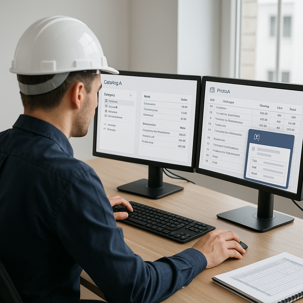 A construction estimator sitting at a desk with AI-powered software on dual monitors, showing rate lookup and BOQ parsin...