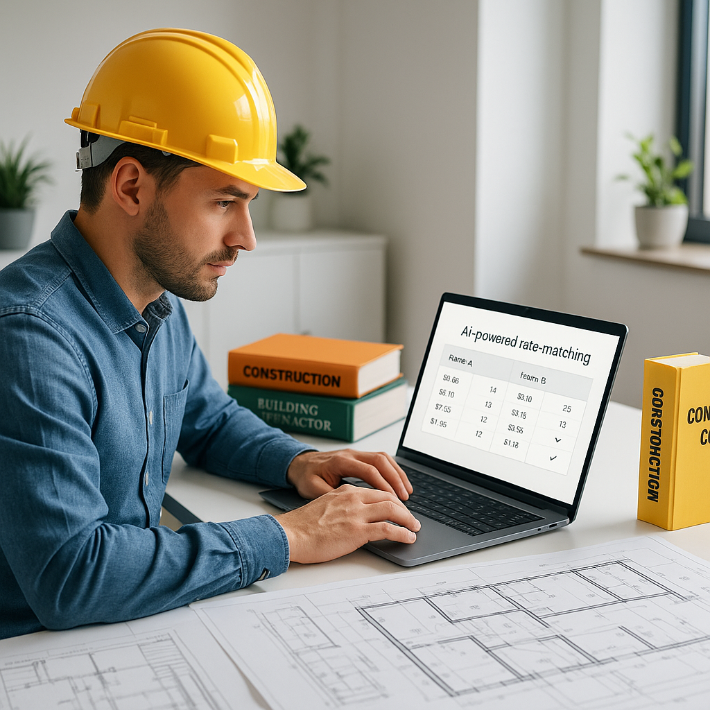 A construction estimator at a desk with a laptop showing AI-powered rate matching, surrounded by physical rate books and...