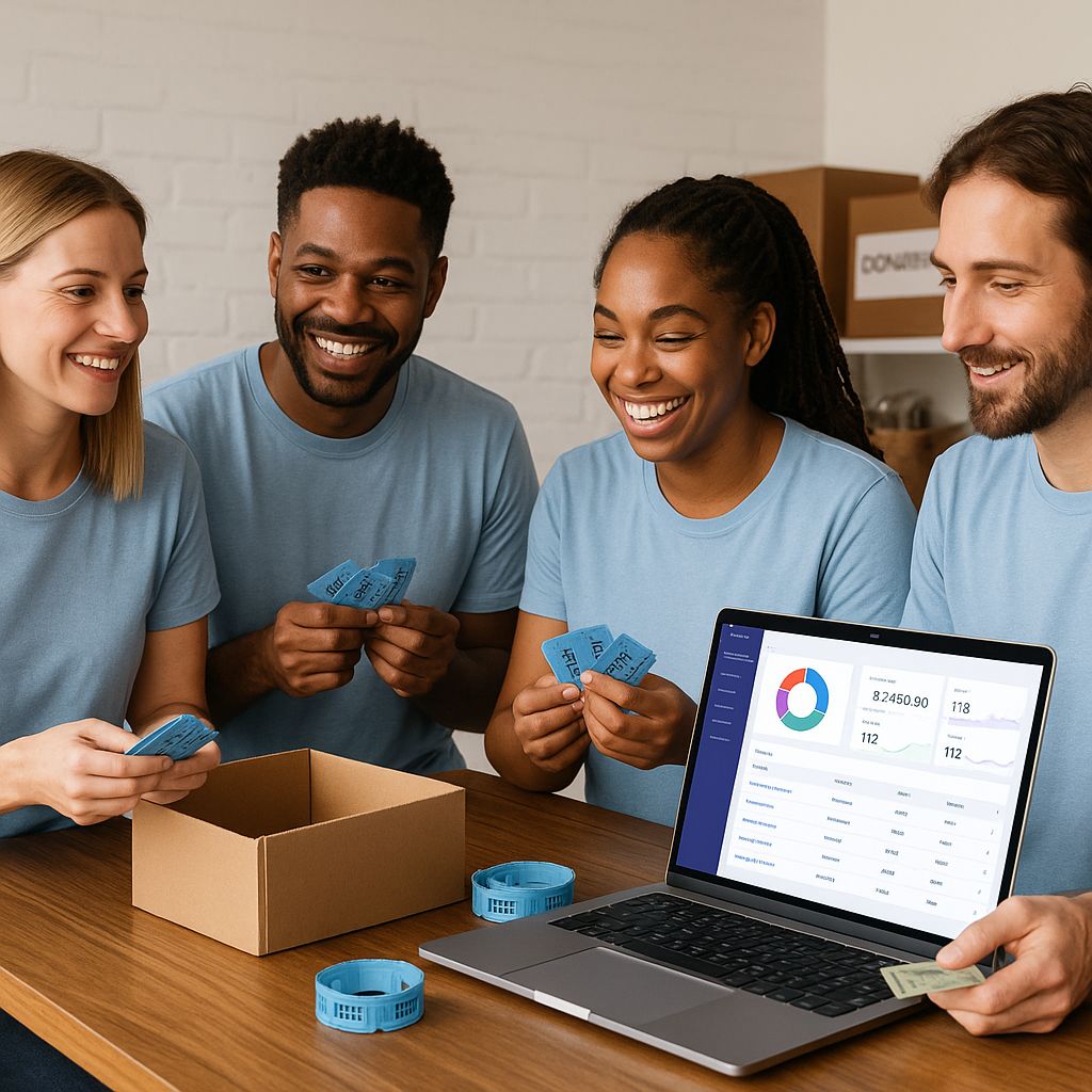 A group of volunteers at a community event, smiling while organizing tickets and donations, with a laptop showing a tick...