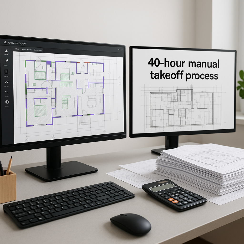 A modern construction estimator's desk featuring dual computer screens: one showing an AI-powered takeoff tool parsing a...