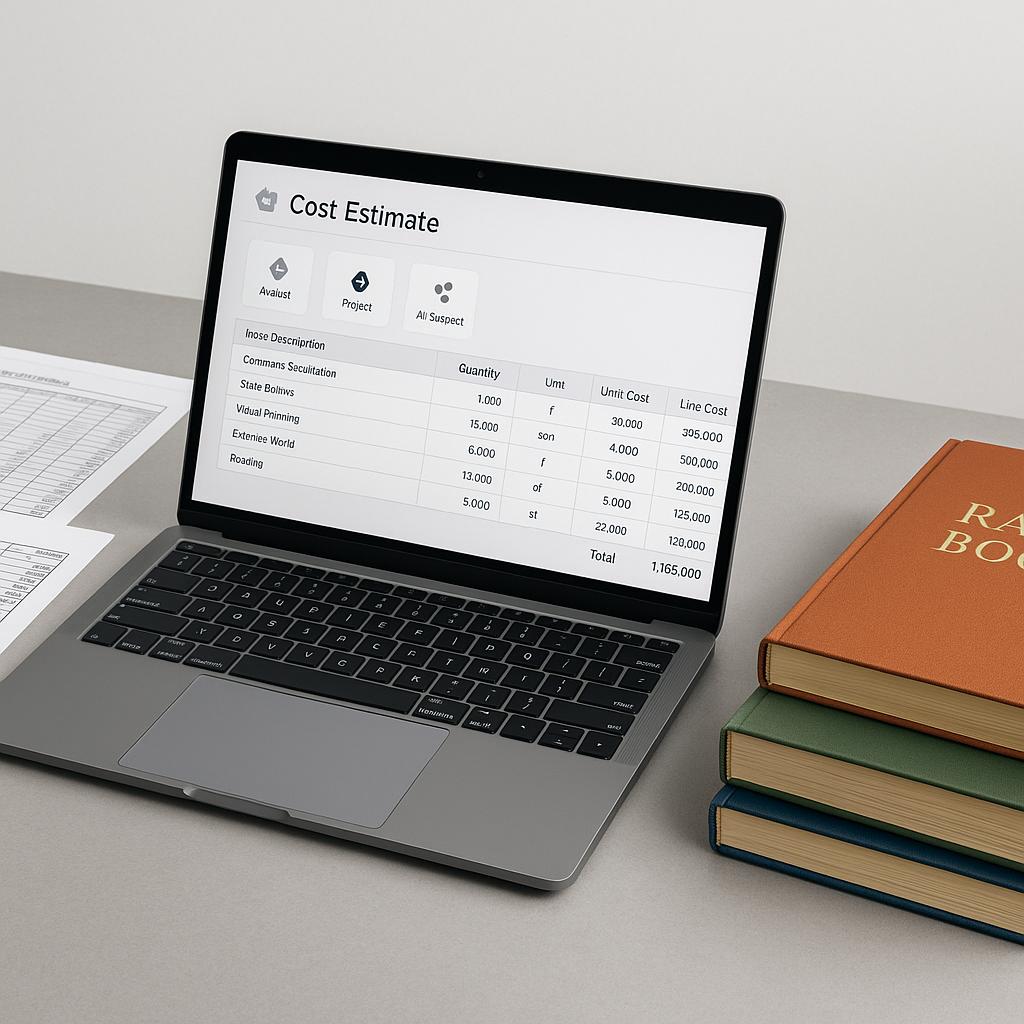 A modern construction estimator's desk with an open laptop showing an AI-powered estimation tool, next to outdated sprea...