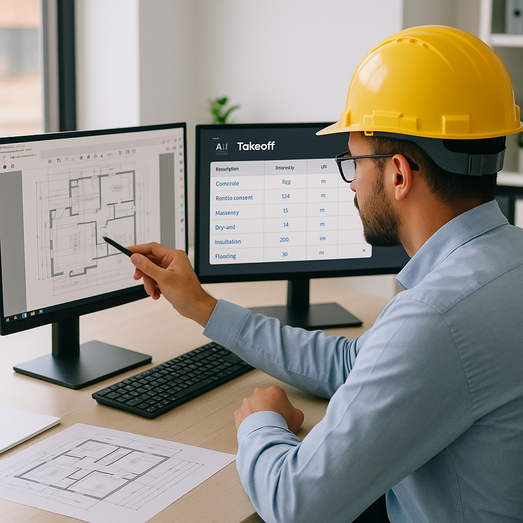 A construction project manager at a desk reviewing a PDF on one screen while an AI-powered takeoff tool displays automat...