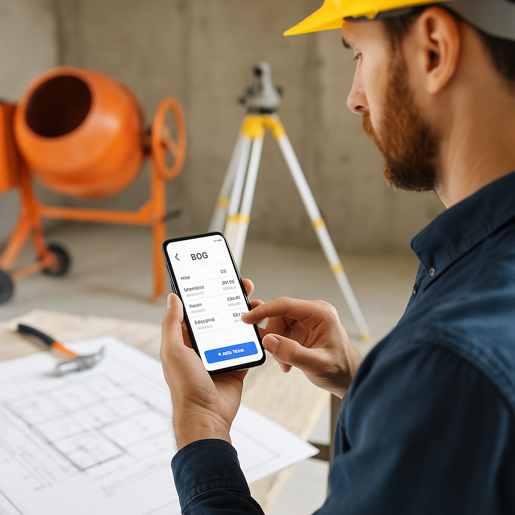 A contractor using a mobile app to build a BOQ during a site survey, with visible construction equipment and blueprints...