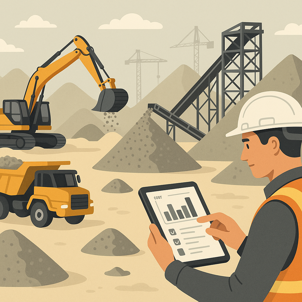 A detailed illustration of a construction site with trucks and equipment producing aggregates, alongside a project manag...