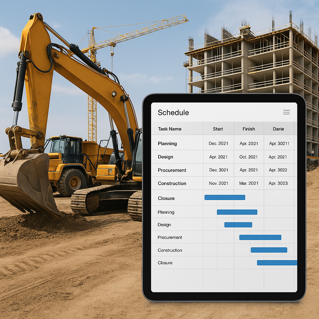 A construction site with heavy machinery, overlaid with a digital PPM schedule template on a tablet screen, emphasizing...