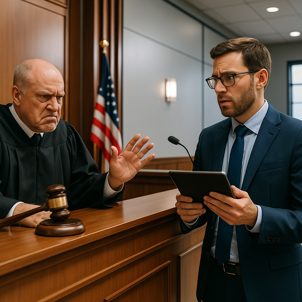 A modern courtroom with a judge visibly frustrated at a lawyer holding a tablet, symbolizing AI misuse in legal practice...