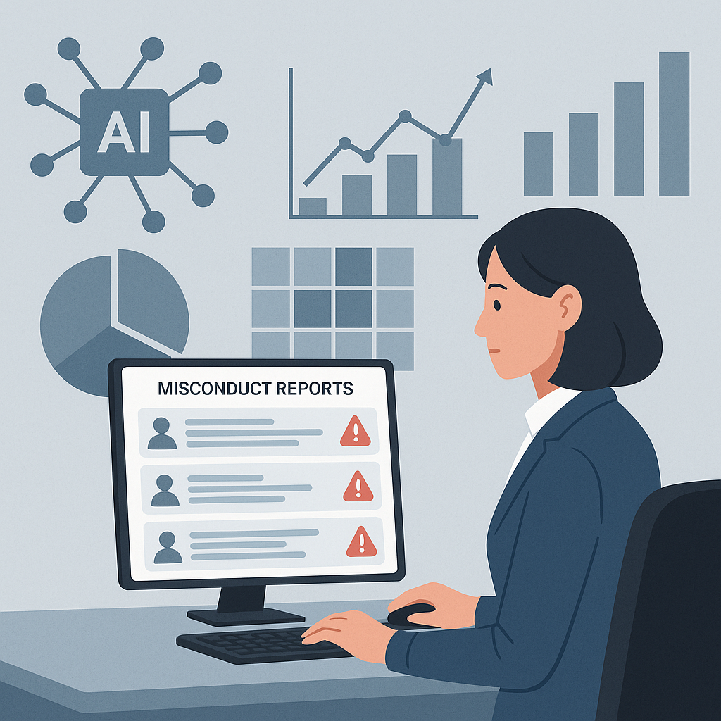 An HR manager sitting at a desk with a dashboard on a computer screen, analyzing flagged misconduct reports with AI-driv...