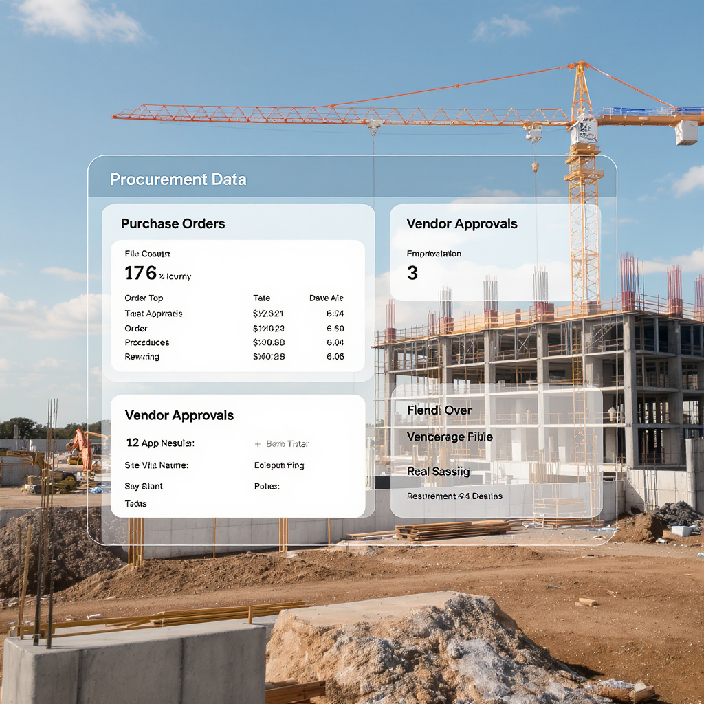 A modern construction project site with a digital dashboard overlay showing real-time procurement data, including purcha...