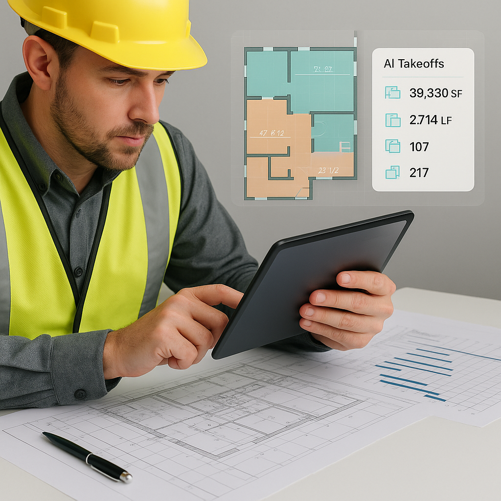 A construction estimator working on a tablet with AI-generated takeoffs displayed, overlaying a blueprint and project ti...