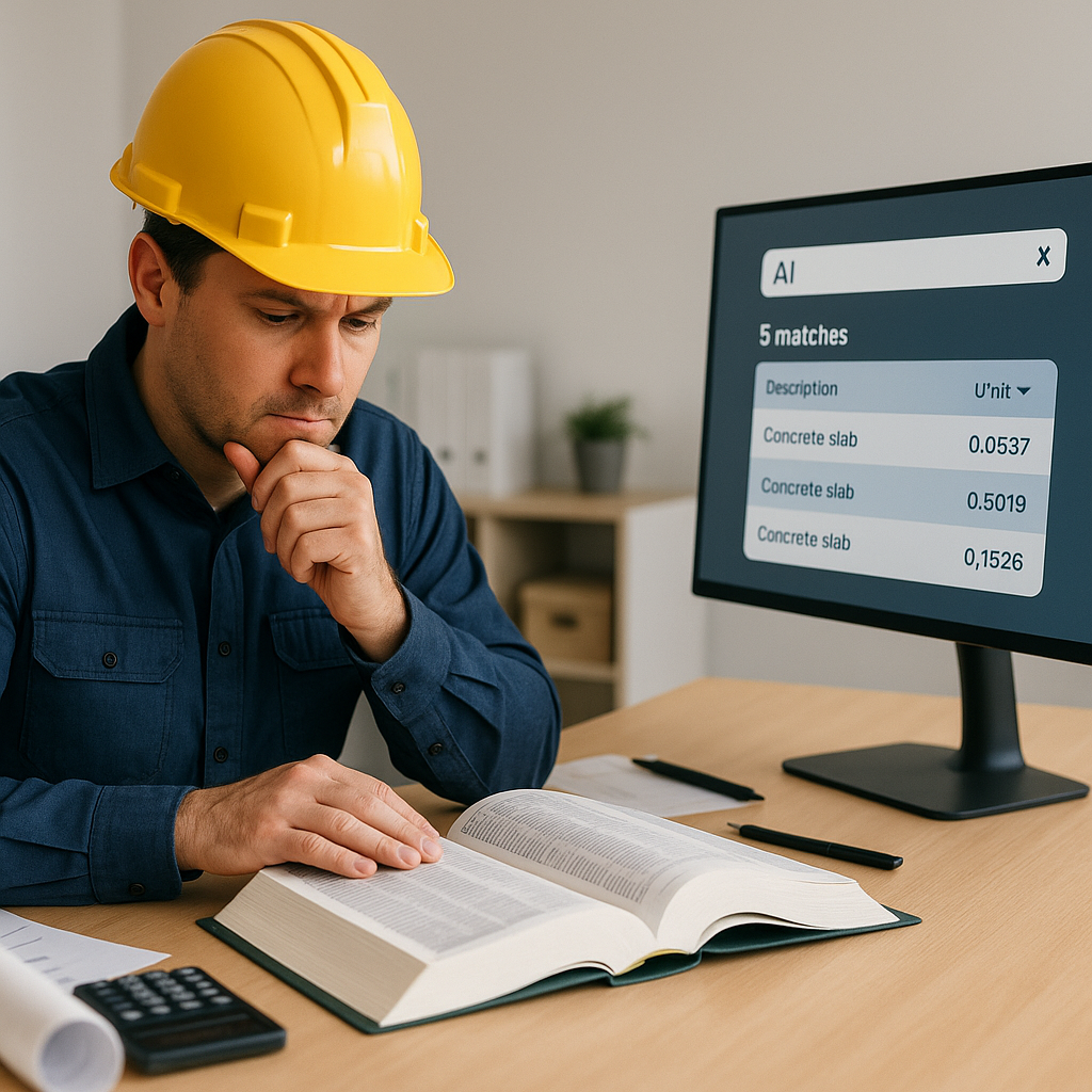 A construction estimator sitting at a cluttered desk with a 2,000-page rate book, contrasted with an AI interface on a s...