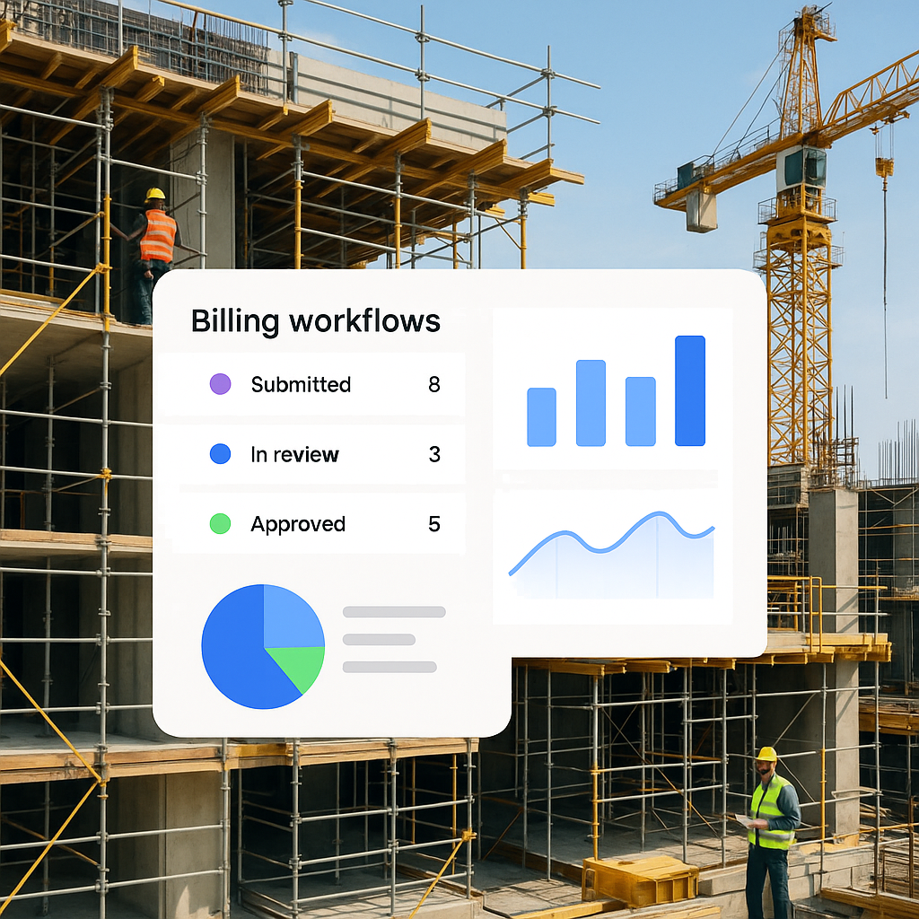 A modern construction site with workers and scaffolding, overlayed with a digital dashboard showing billing workflows an...
