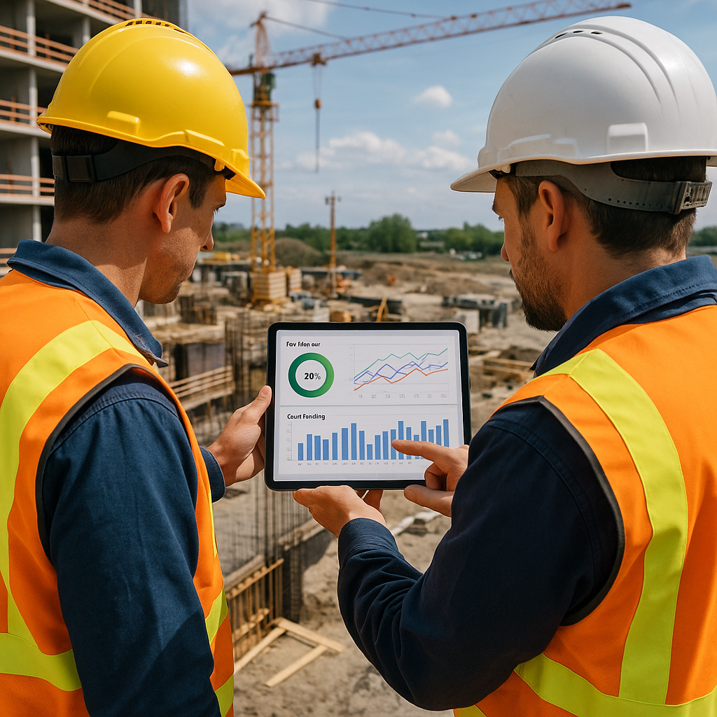 A detailed construction site with workers analyzing a digital dashboard on a tablet, showcasing BOQ margins and cost tra...
