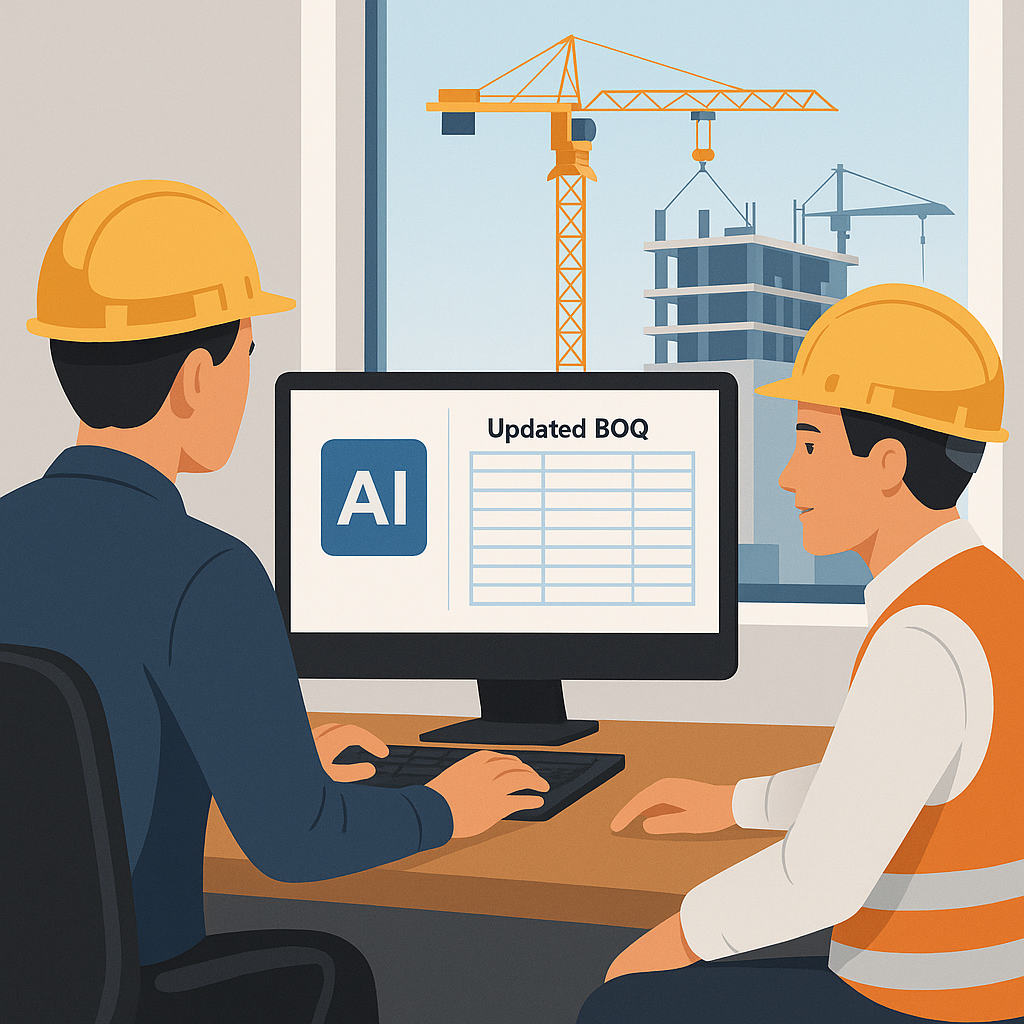 A digital illustration of construction estimators at a desk with AI software on their screen, displaying an updated BOQ...